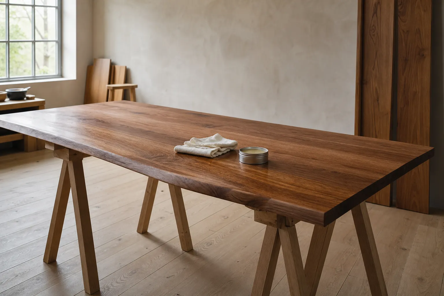 Oil being worked into a walnut tabletop