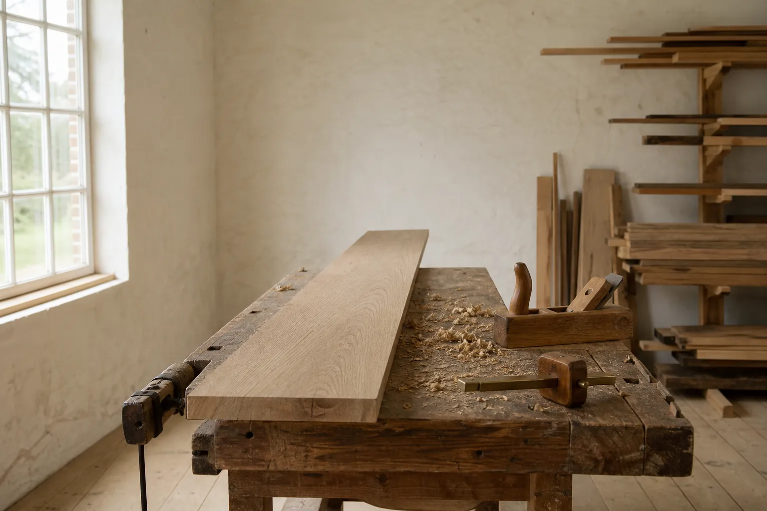 A board of oak on the workbench beside a hand plane