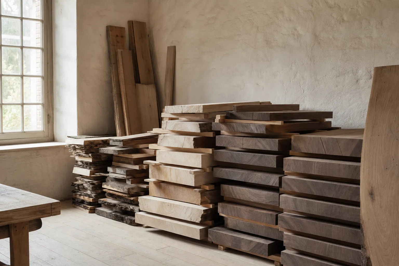 Air-dried oak, ash and walnut boards stacked in the timber store