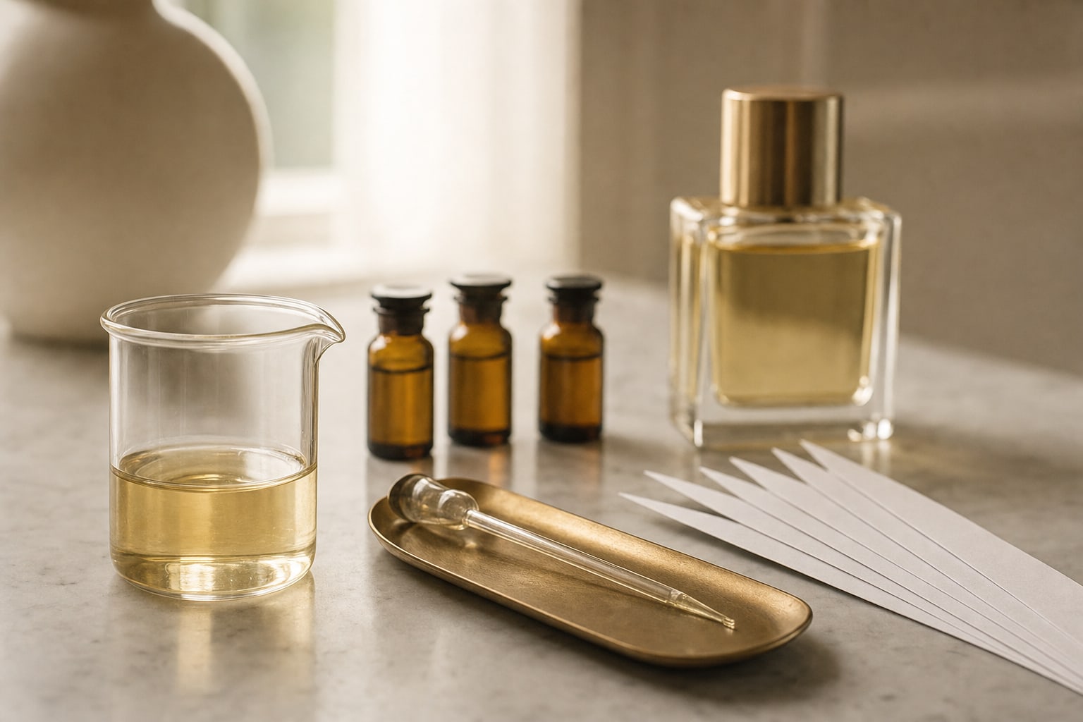 A marble blending counter with a beaker of perfume concentrate, a pipette on a brass tray, three amber vials, smelling strips and a house bottle.