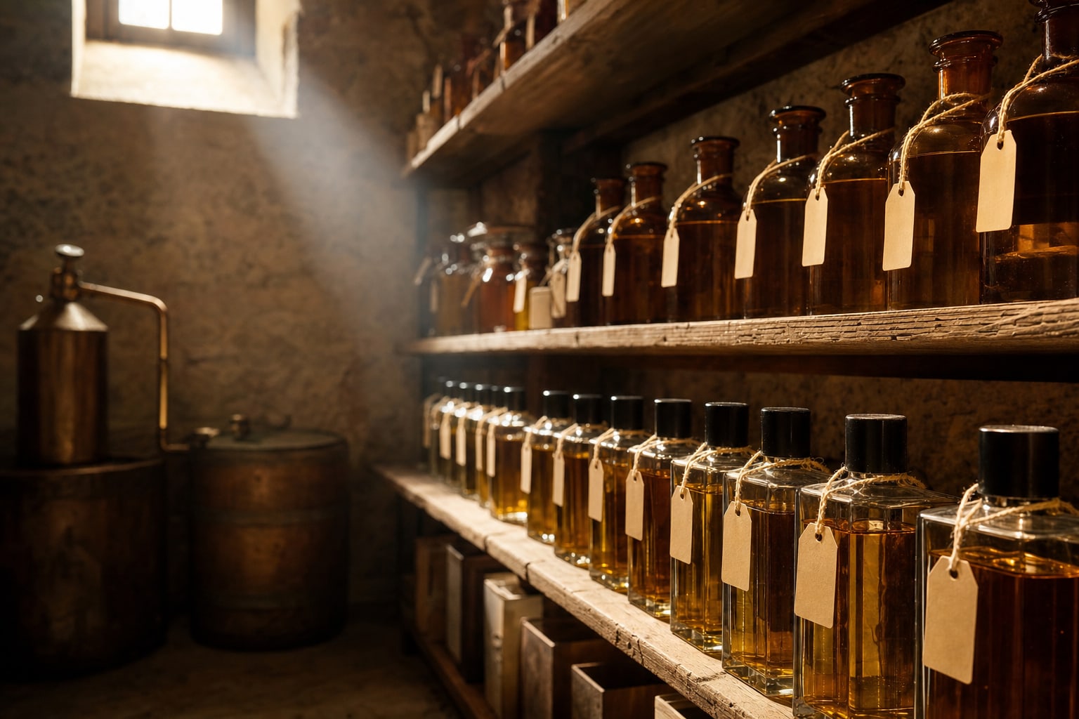 The maceration cellar: shelves of stoppered amber vessels and square bottles, each with a paper tag, in a beam of light from a high window.