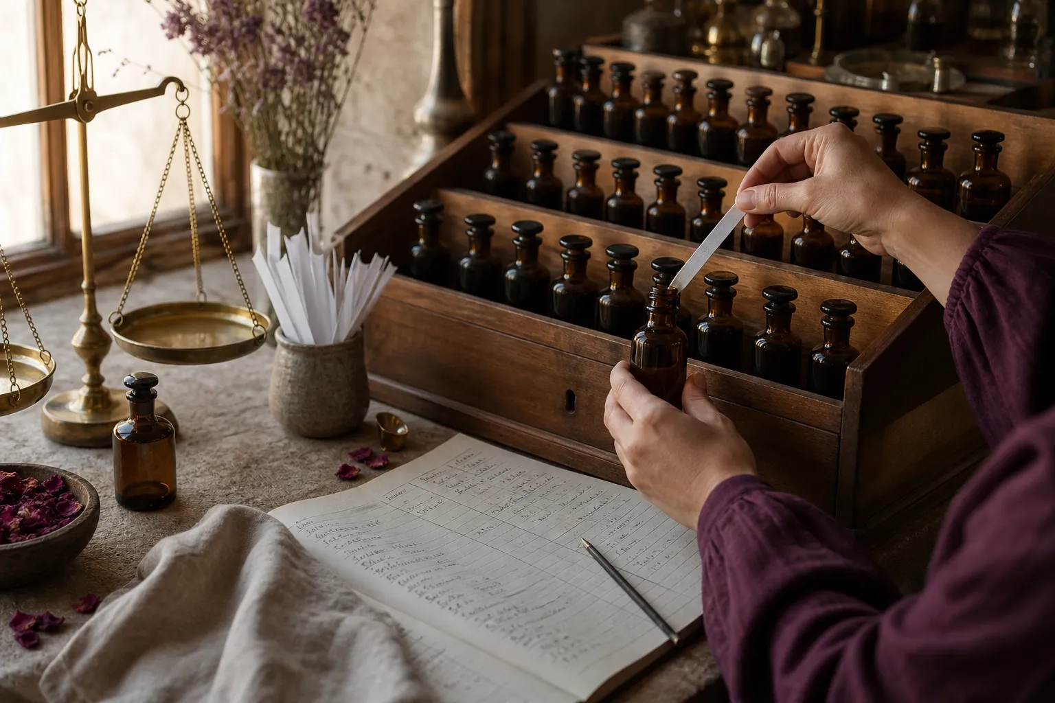 The perfumer's hands at the organ, dipping a smelling strip into a small amber bottle