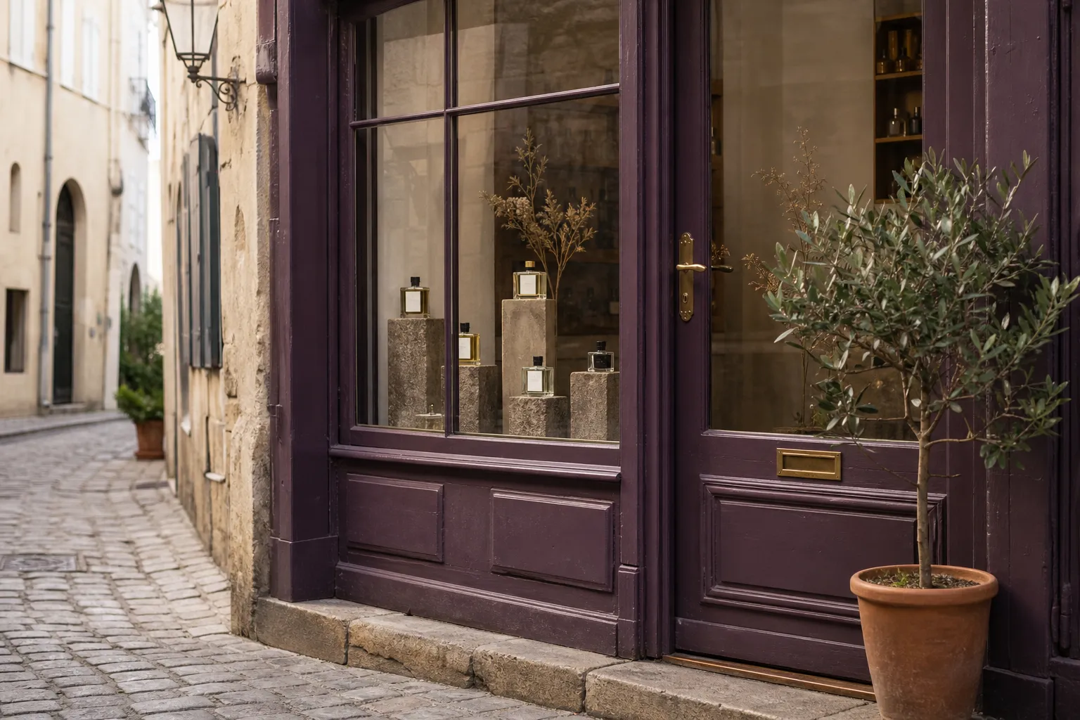 The atelier's shopfront on a quiet cobbled street: a deep plum door and a window of bottles